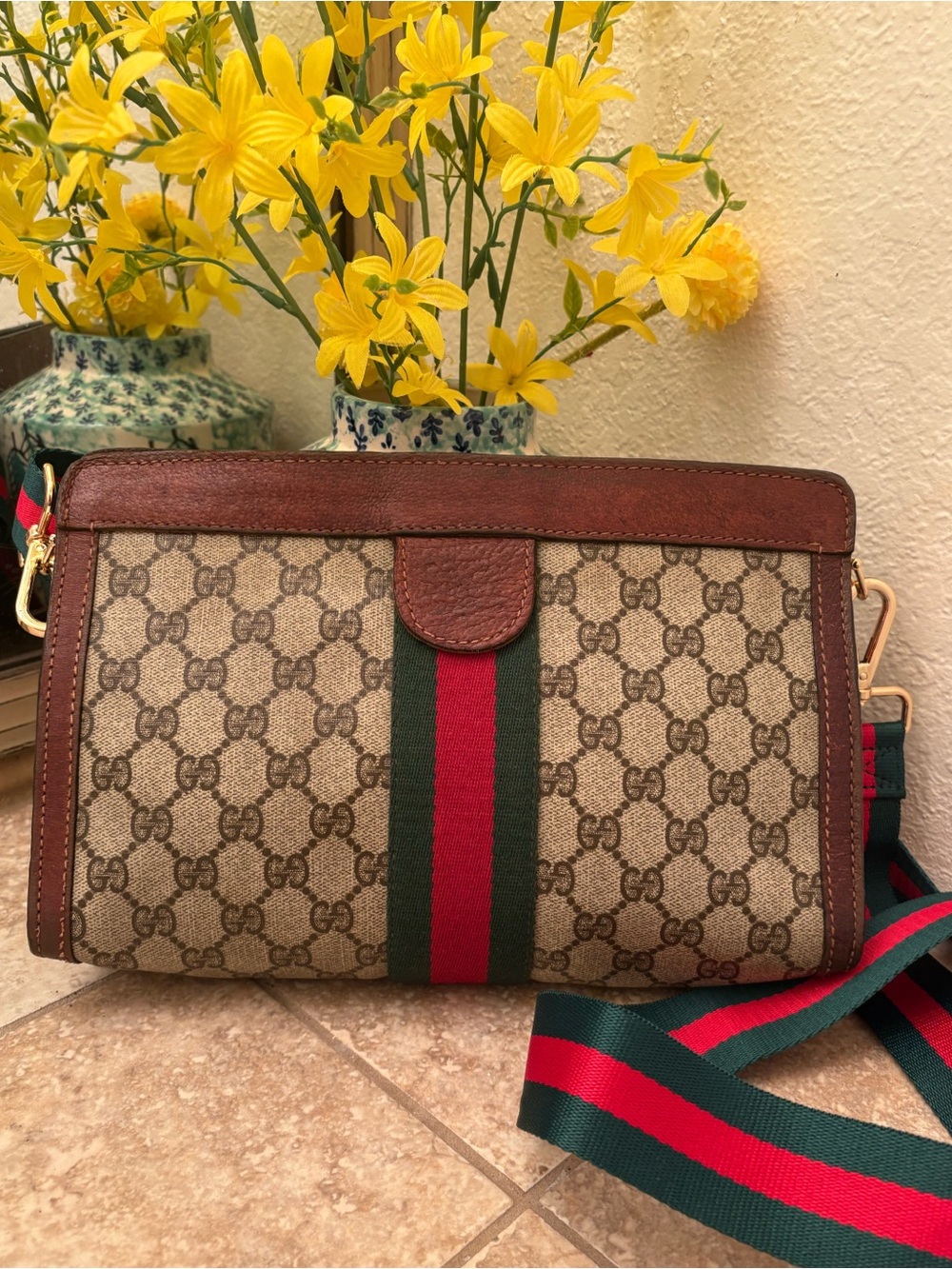 Authentic Gucci Parfums Vintage Sherry Line Stripe pouch Converted to Crossbody